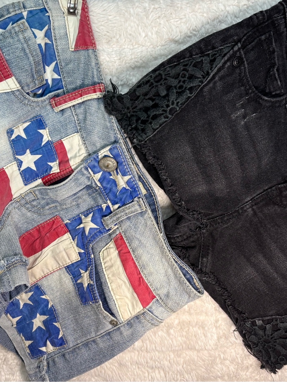 LEI Women's Jean Shorts in American Flag Patchwork & Black Lace Trim
